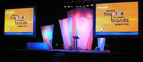 A set made of two front projection screens, some gauze frames and lighting. Birmingham ICC.